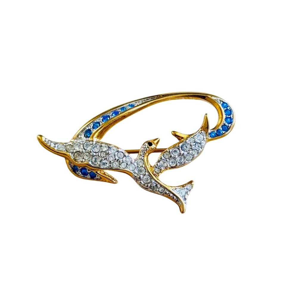 Swarovski Pin Brooch 90s Freedom Dove Peace‎ Bird Swan Signed Crystal Blue Gold